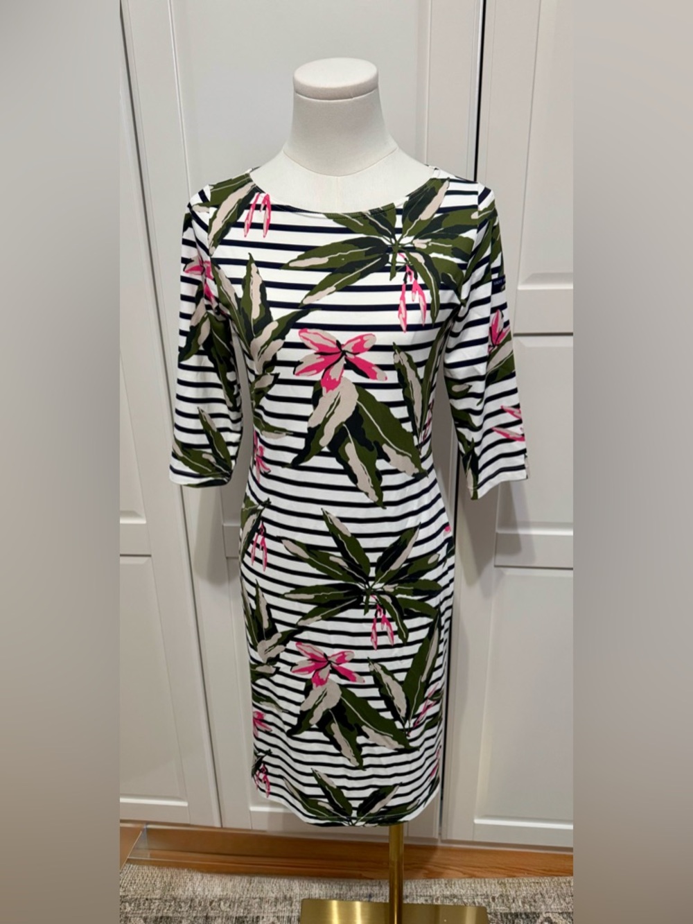 Saint James White and Black Striped Floral Midi Boatneck Bodycon Dress Size:4 - Picture 2 of 7